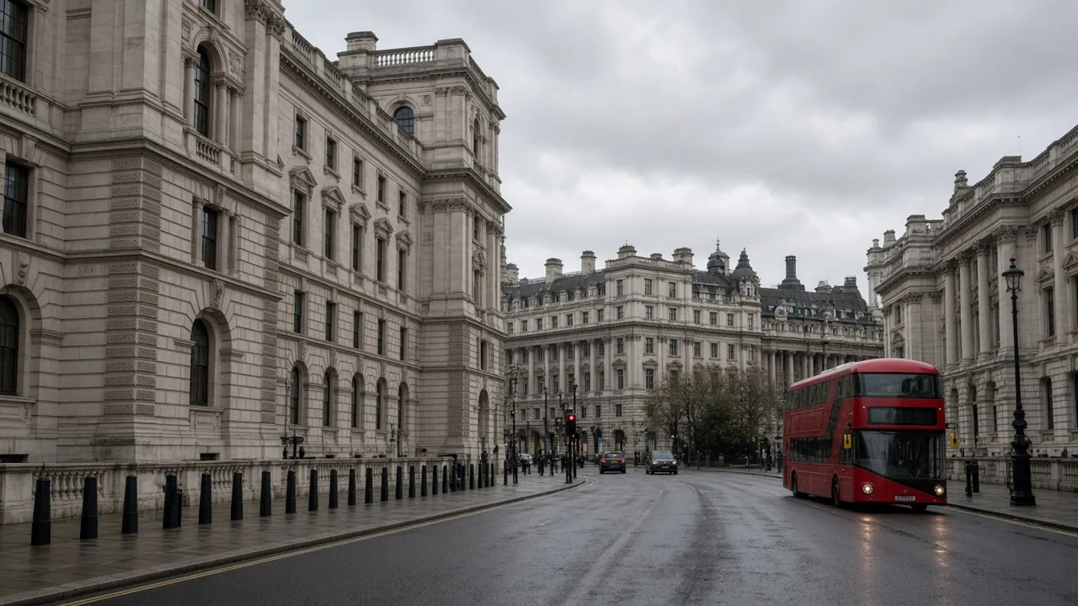 AI-generated image of Whitehall in London on an overcast morning with a red bus