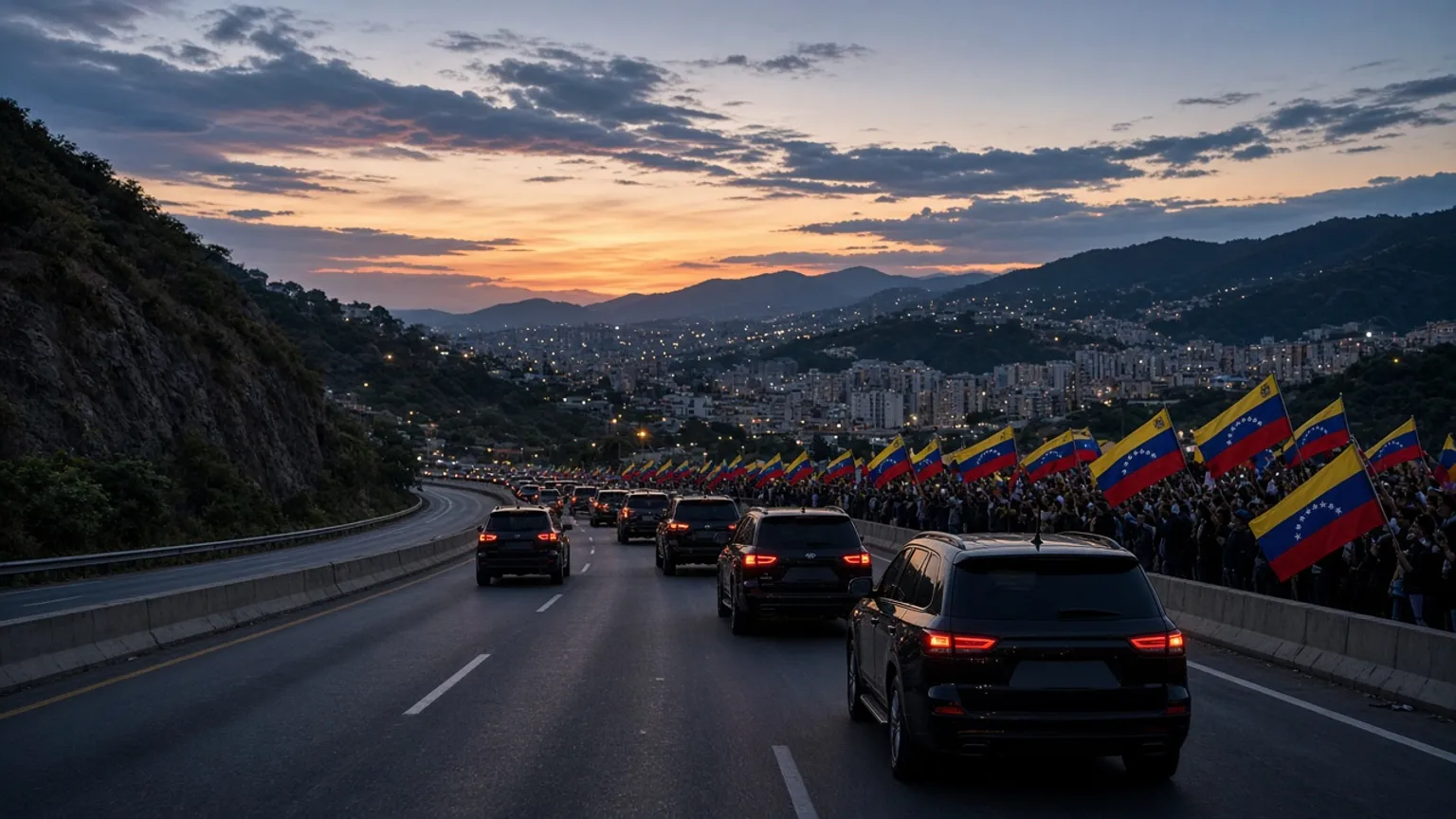 AI-generated image of a car caravan with Venezuelan flags approaching Caracas at dusk