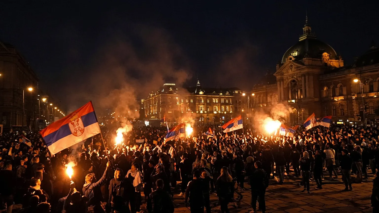 AI-generated image of a night crowd celebrating with Serbian flags and flares in a city square
