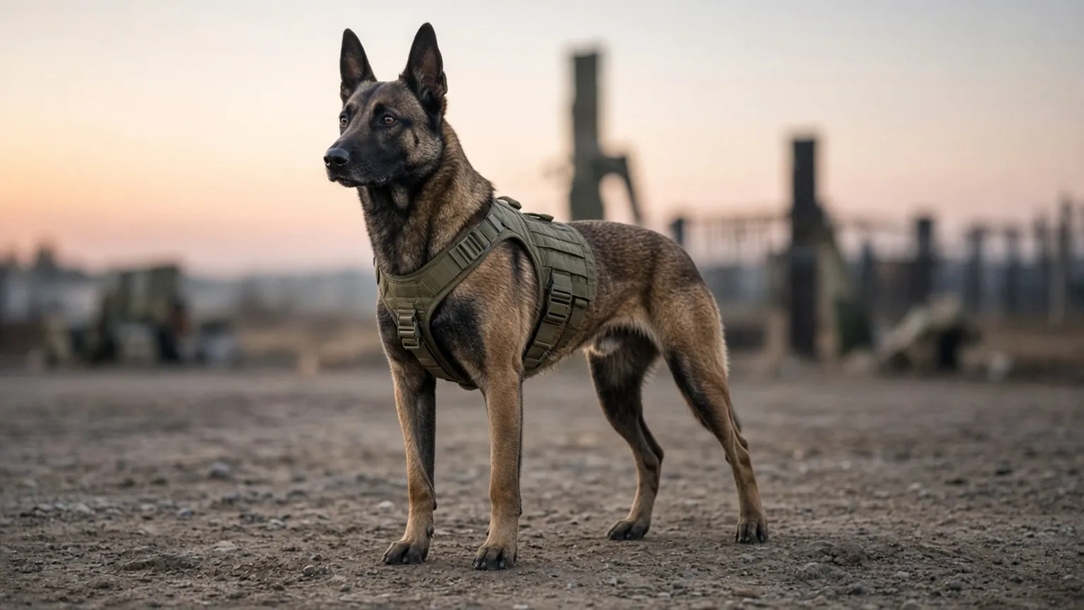 AI-generated image of a military working dog in a tactical harness at a training yard